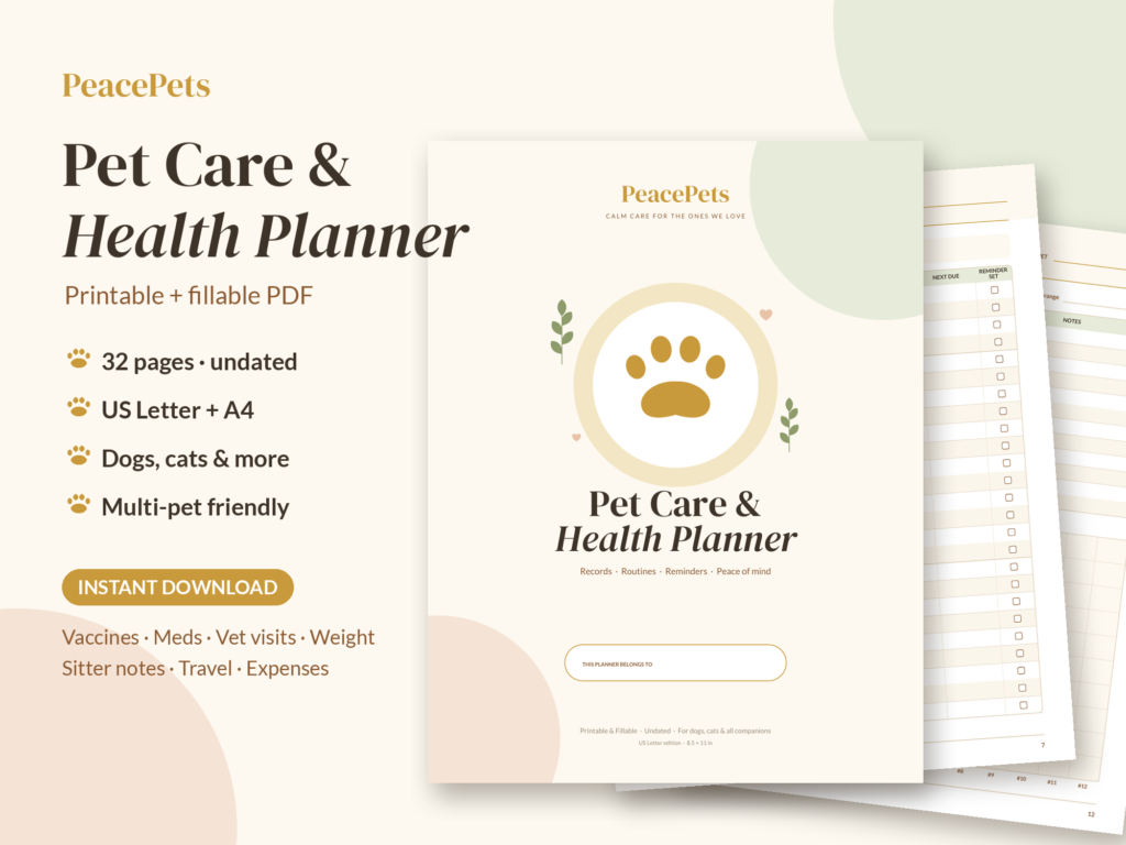 Pet health planner printable cover, fillable PDF pet care and health planner
