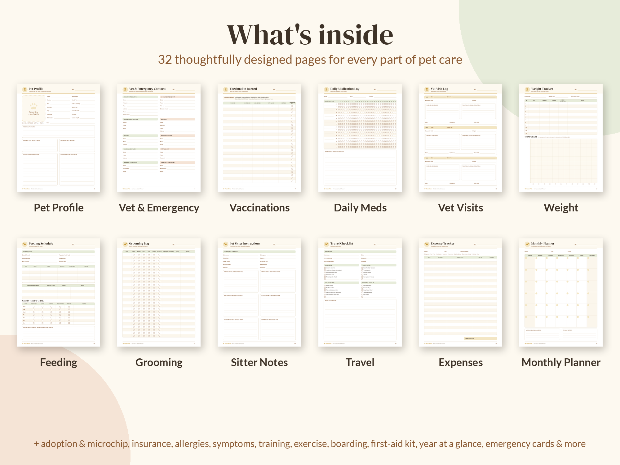 What's inside the pet health planner: pages for vaccines, vet visits, medications and pet profile