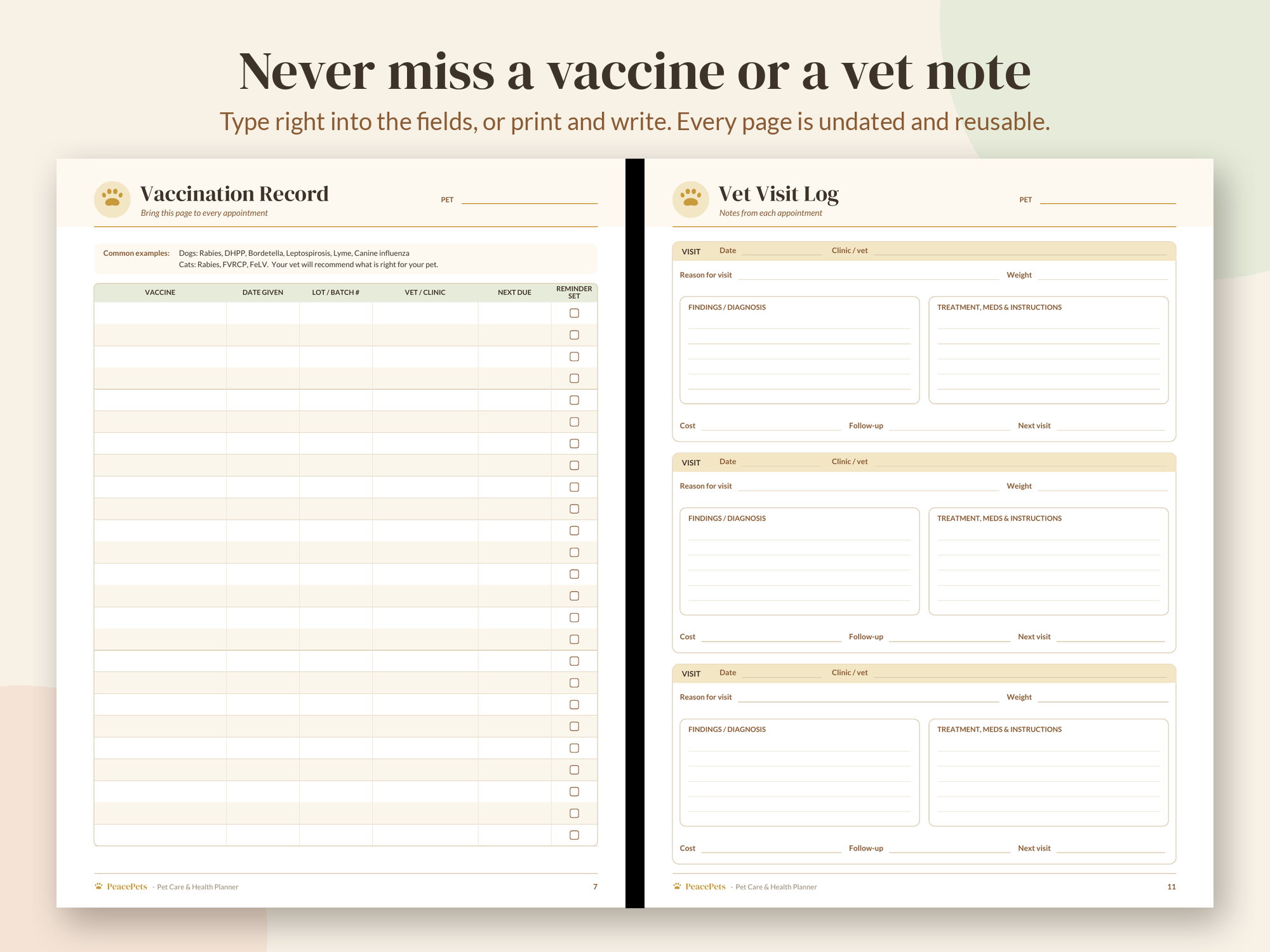 Pet medical record pages for vaccine history and vet visit log