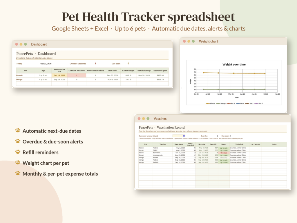 Pet health tracker spreadsheet open in Google Sheets and Excel