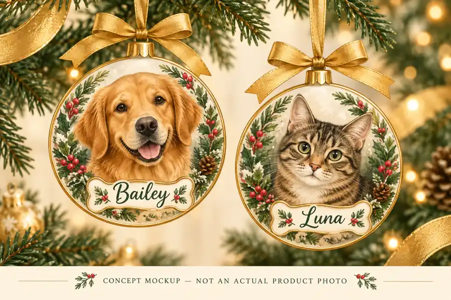 Concept mockup showing personalized dog and cat Christmas ornaments